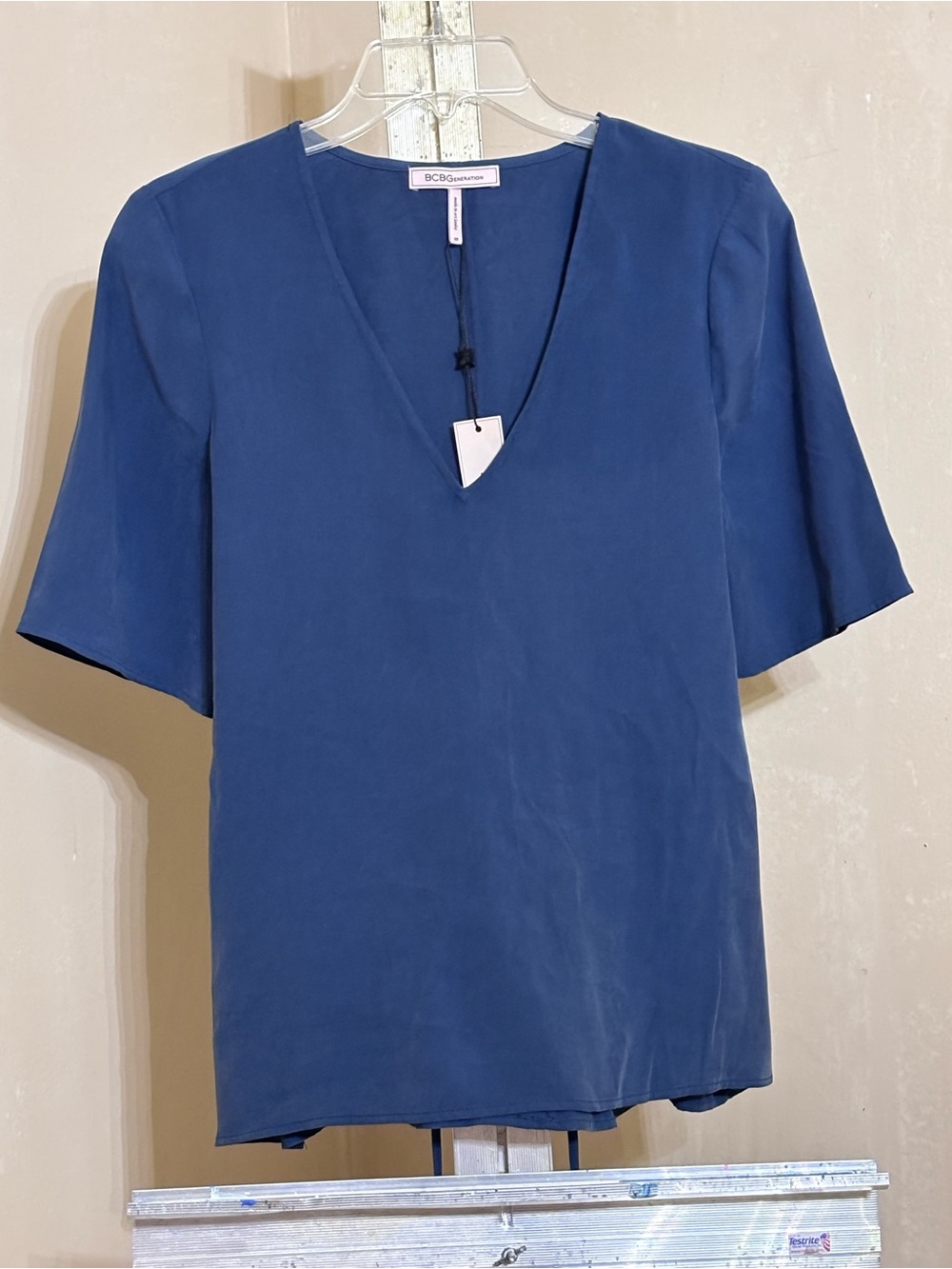 BCBGeneration Slate Blue Lace Up Back Corset Pleated Peplum Blouse Top XS